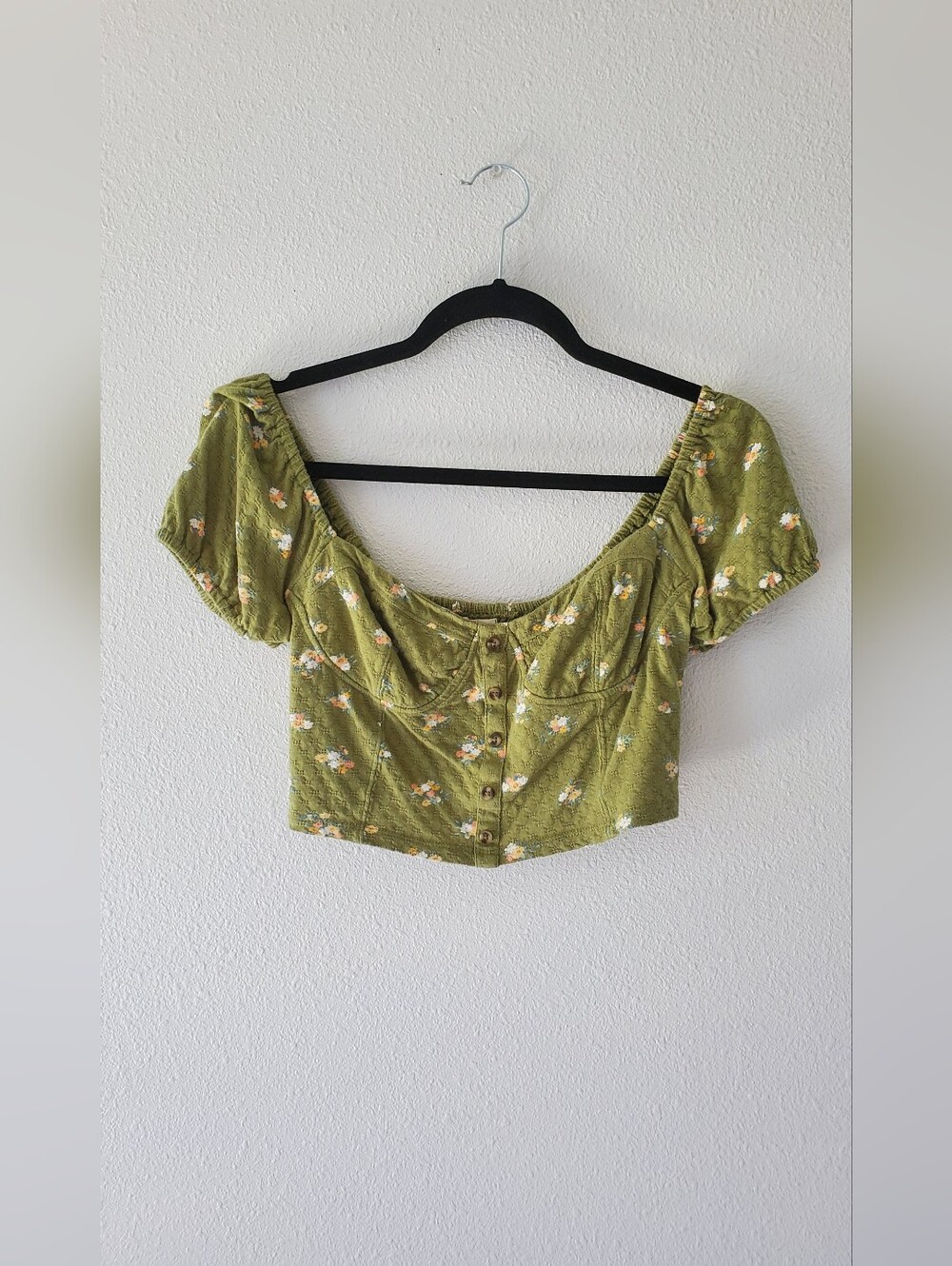 Billabong Olive Green Floral Button-Front Crop Top